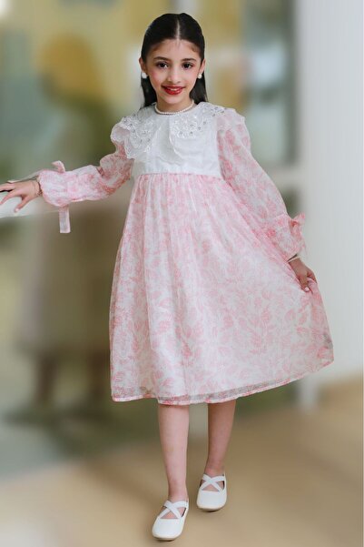 gmax Girls' dress with a botanical print collar