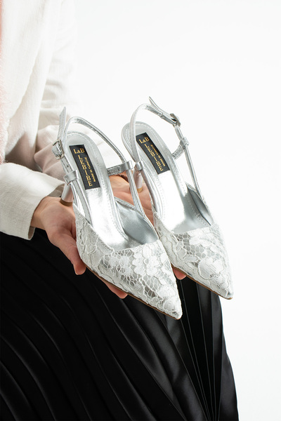 Lebibe Shoes Lisa Women's Silver Pointed Toe 7cm Heels Flower Lace Pattern Pa...