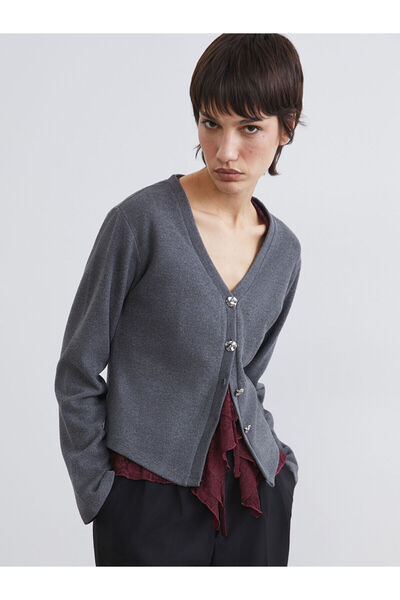 LC Waikiki Anthracite V-Neck Women's Knitwear Cardigan