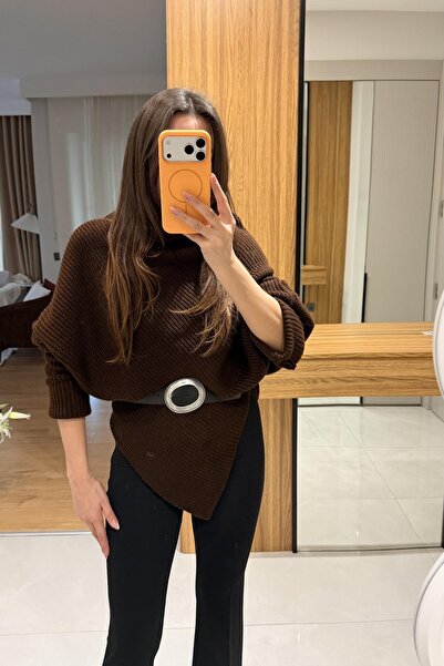 Gizem Ecemiş Pulover asimetric cu tăietură înaltă, în tendințe de iarnă, fără...