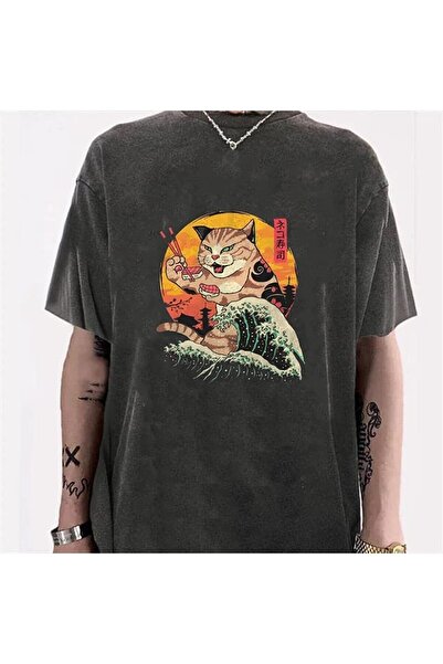 Le Savu Πλενόμενο μπλουζάκι Artist Cat με τύπωμα Unisex oversized Vintage