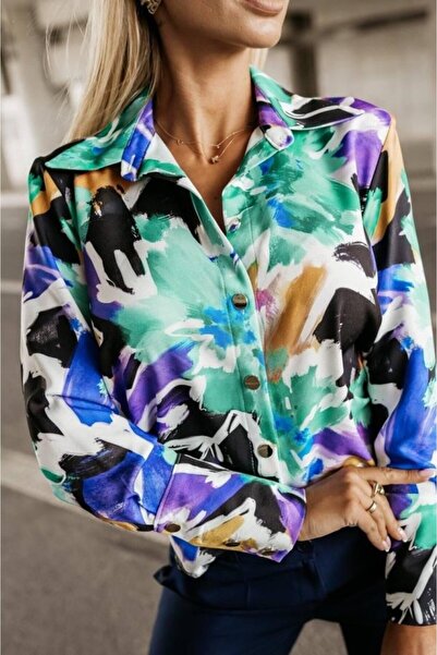 Kanonik Education Women's Long Sleeve Metal Button Detail Color Printed Mossk...