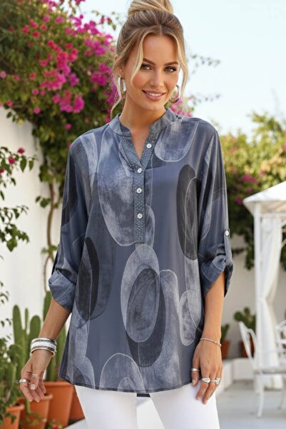 Chiccy Italian Indigo Judge Collar Buttoned 3/4 Sleeve Geometric Pattern Sequ...