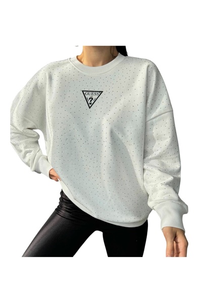 PHUTİ COLLECTION Stone Printed Circular Neck White Sweatshirt
