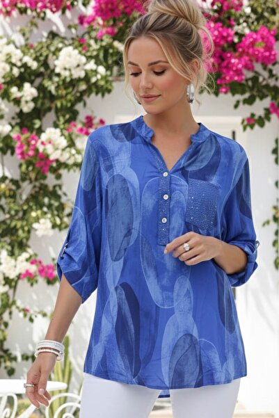 Chiccy Italian S Cobalt Blue Judge Collar Buttoned 3/4 Sleeve Geometric Patte...