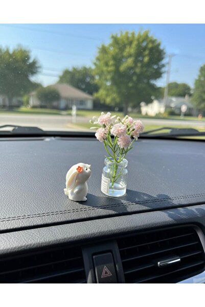 Vira Rise Sevimli Mini Tavşan ve Açık Pembe Çiçekli Vazo Minyatür Araba Torpi...