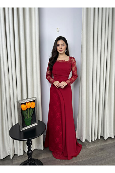 Lauren Elegant maroon evening dress with lace sleeves – Barbie crepe fabric