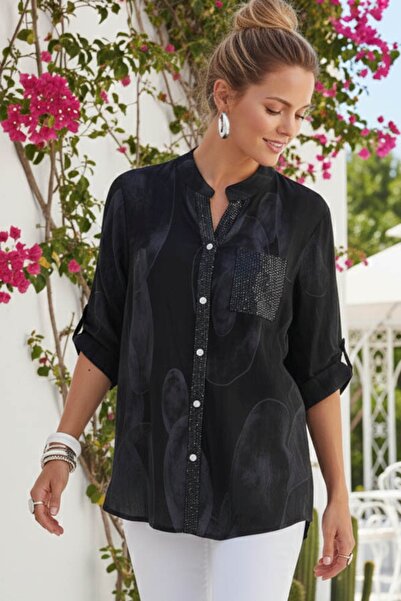 Chiccy Ιταλική μαύρη μπλούζα με γεωμετρικό σχέδιο με παγιέτες, με κουμπιά, μα...