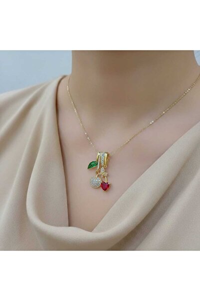 Ralp Moda Gold Color Cherry and Heart Figured Zircon Stone Women's Necklace
