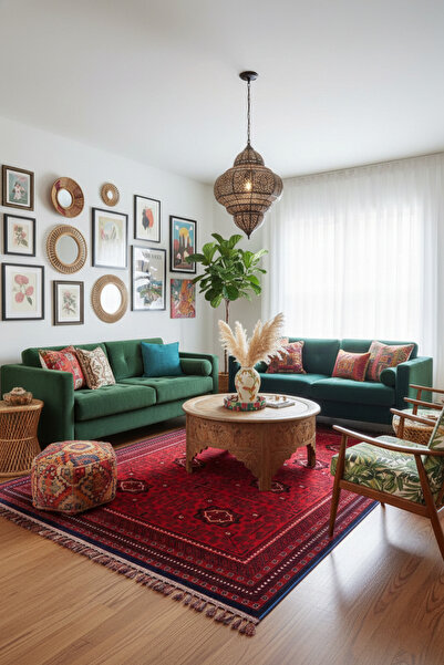 Roslyn Home and Rug El Dokuması Tarzı Kırmızı Afgan Halısı Kaymaz Dokuma Taba...