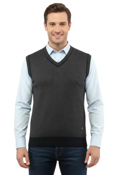 Çizgi Triko Чоловічий светр великого розміру з V-подібним вирізом, сталева в'...