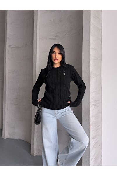 MODA KadınBisiklet Yaka Nakış Detaylı Saç Örgü Triko Kazak