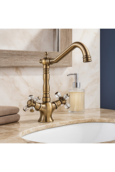 banyosepeti صنبور حوض غسيل كريستال كروس بتصميم عتيق برونزي - ذراع كريستالي، ص...