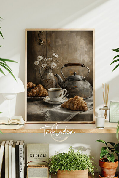 tablodea Vintage Çay Saati Temalı Yağlı Boya Görünümlü Dekoratif Çerçeveli Ta...