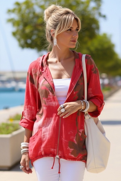 Chiccy Italian Red Buttoned Long Sleeve Pocketed K Hooded Zippered B Printed ...