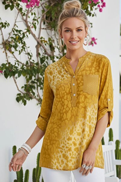 Chiccy بلوزة فيسكوز كاجوال إيطالية بلون الخردل مع ياقة وأزرار وأكمام 3/4 مزين...