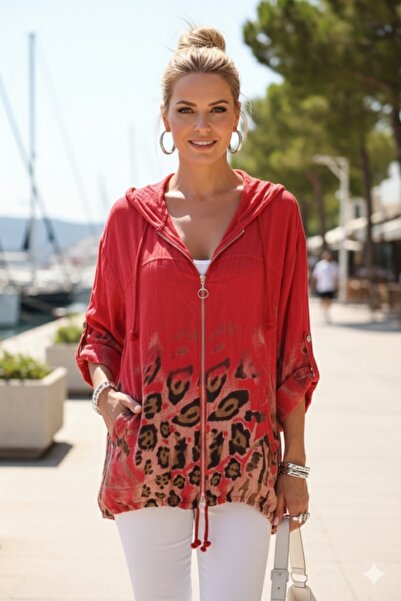 Chiccy Italian Red Buttoned Long Sleeve Pocketed K Hooded Zippered B Printed ...