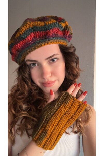 pun dore El Örgüsü Ressam Bere Eldiven Seti Batik Desen Standart Beden