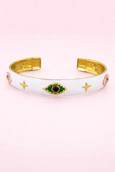 Tasarım سوار نسائي - مطلي بالذهب ومرصع بالمينا البيضاء - ستانلس ستيل لا يصدأ ...