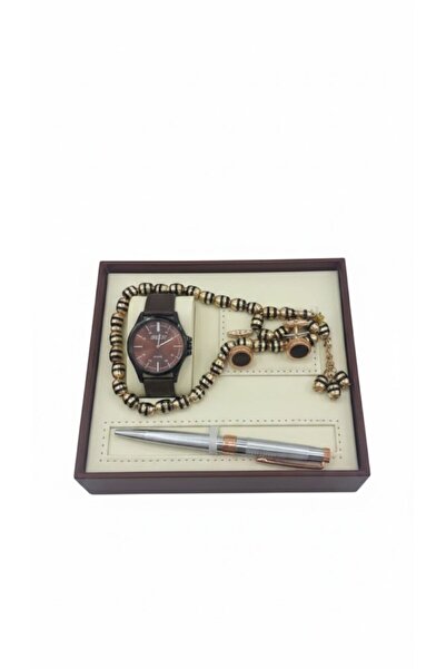 Boutique Stylish men's brown watch and accessory set, 4 pieces