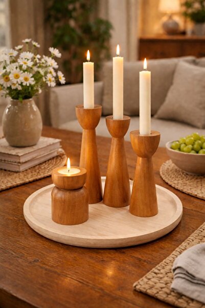 HAPPYHANDSSAPANCA HAPPYHANDS El Yapımı Doğal Ahşap Mumluk Seti | Dekoratif Uz...