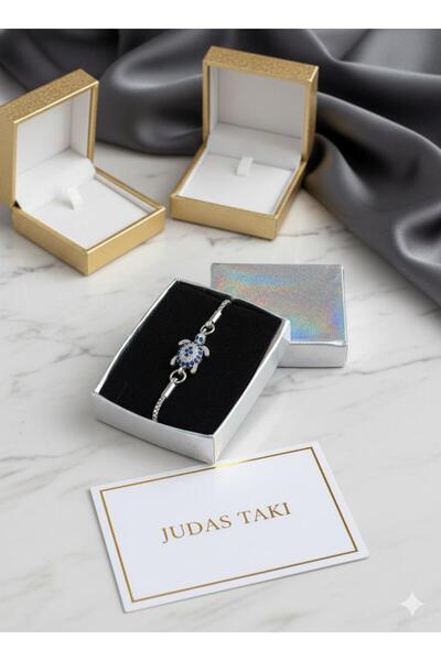 Judas Takı Silver Color Bracelet with Zircon Stone Turtle Figure