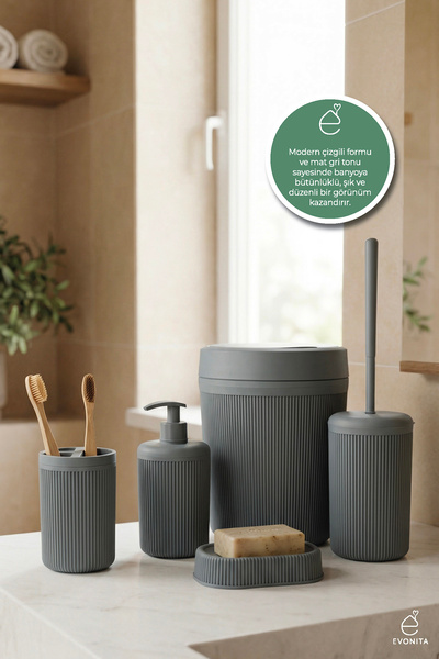 EVONİTA Modern Striped 5-Piece Bathroom Set Trash Can, Soap Dish, Liquid Soap...