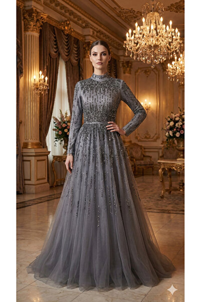 UZER Gri taş ve Payet İşlemeli Tül Kollu Uzun Abiye Elbise - Şık Tesettür niş...