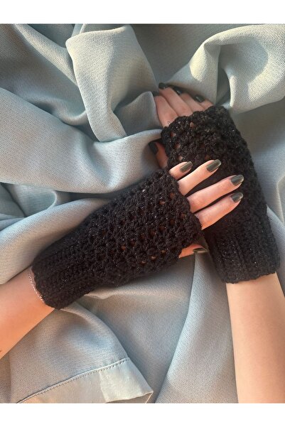 pun dore Simli Dantel Detaylı El Örgüsü Parmaksız Eldiven – Standart Beden, T...