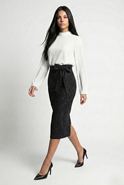 OLSAMODA Women's Bow Detail Silvery Fabric Midi-Length Pencil Evening Dress S...