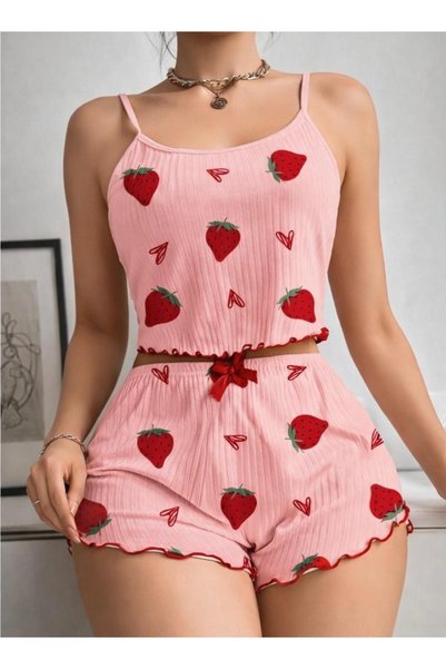 VELORACOO Strawberry Patterned Suspender Women's Shorts Pajama Set
