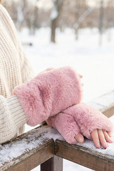 Kapin Pink Plush Fur Fingerless Gloves