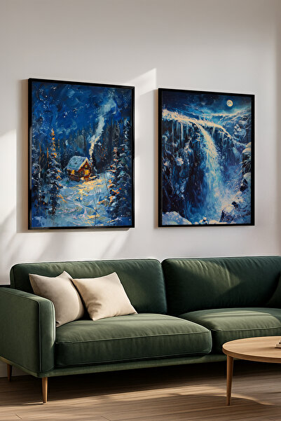 STARYUNA Black Wooden Framed Winter Night View Double Painting Set Yuna455