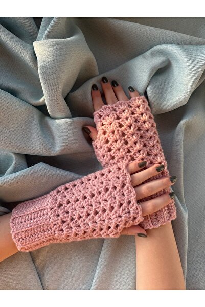 pun dore Simli Dantel Detaylı El Örgüsü Parmaksız Eldiven – Standart Beden, T...