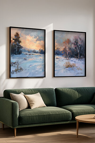 STARYUNA Black Wooden Framed Double Painting Set with Sunset and Winter Scene...