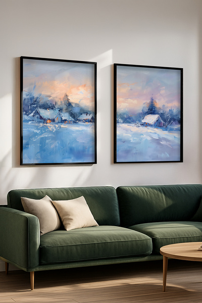 STARYUNA Black Wooden Framed Pastel Tone Oil Painting Effect Winter Scenery D...