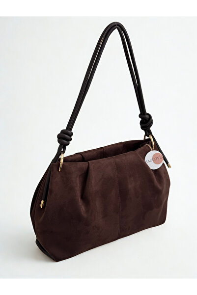 BAGLOVİS Medium Size Suede Brown Women's Shoulder Bag with Hanging Knot Detai...