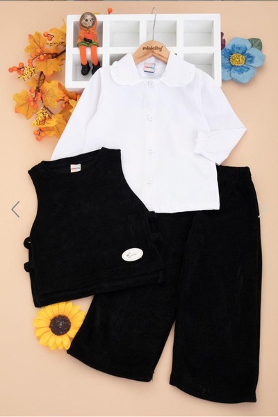 nazarbebe 3-6 Years Old Girl's 3-Piece Set – Velvet Vest, Long-Sleeved Blouse...