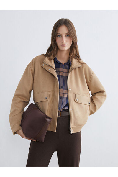 LC Waikiki Lcwaikiki Classic Beige Mock Neck Women's Suede Look Coat