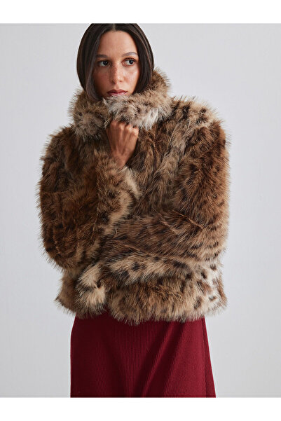 LC Waikiki Brown leopard print women's Faux Fur Coat