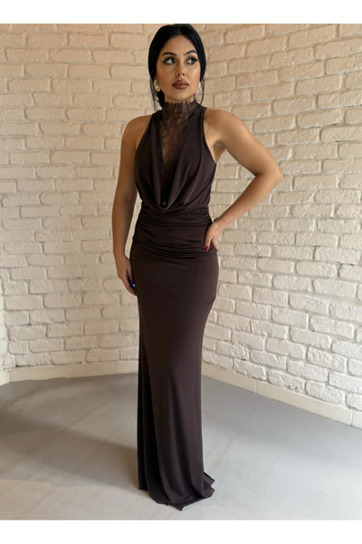 moneta boutique Women's Lace Chest and Back Low-Cut Draped Dress