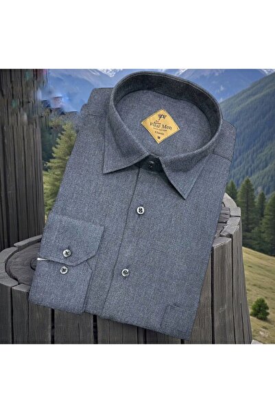 GÖMLEK GALERİSİ Men's Classic Wide Cut Straight Flannel Wool Long Sleeve Shirt