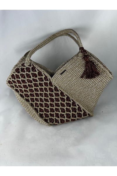 RELYA Women's Cream Tile Glitter Macrame Hand Shoulder Bag Width 30 cm Length 27 cm Depth 18 cm
