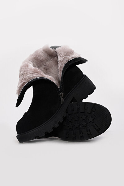 Ayakkabıhane Black Women's Boots with Fur Inside and Genuine Suede Leather Ou...