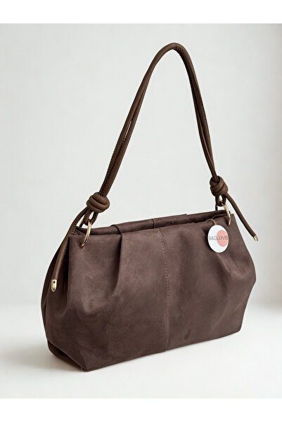 BAGLOVİS Medium Size Suede Beige Women's Shoulder Bag with Hanging Knot Detai...