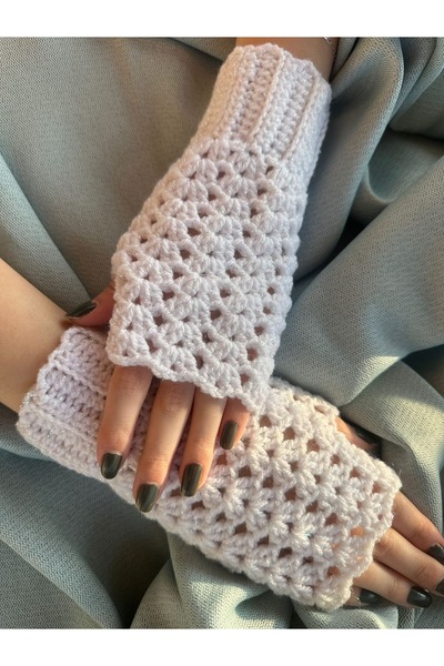 pun dore Simli Dantel Detaylı El Örgüsü Parmaksız Eldiven – Standart Beden, T...