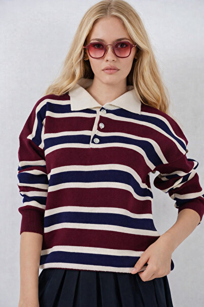 KAREL BUTİK Burgundy Striped Polo Neck Buttoned Women's Knitwear Sweater