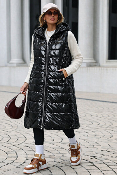 Podyum Park Women's Premium Quality Shiny Black Long Puffer Vest – Hoodless, ...