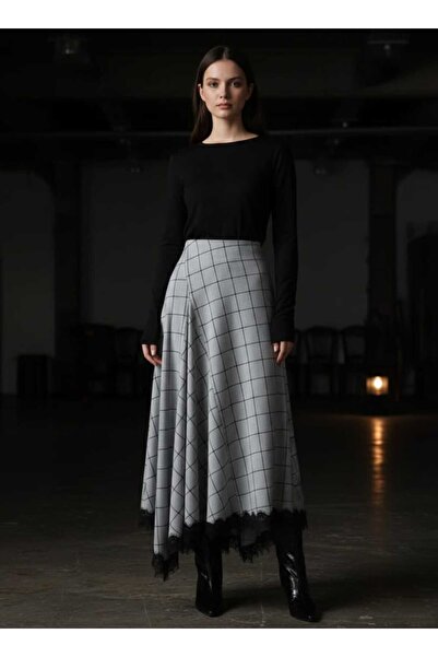 MİHRİZAR A Quality Women's Plaid Skirt with Lace Detail and Asymmetrical Look