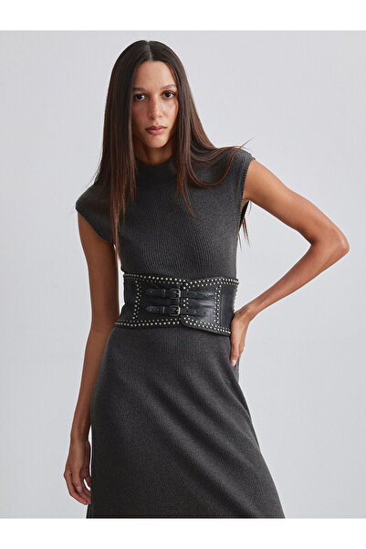 LC Waikiki Anthracite Mock Neck Waist-Sitting Dress